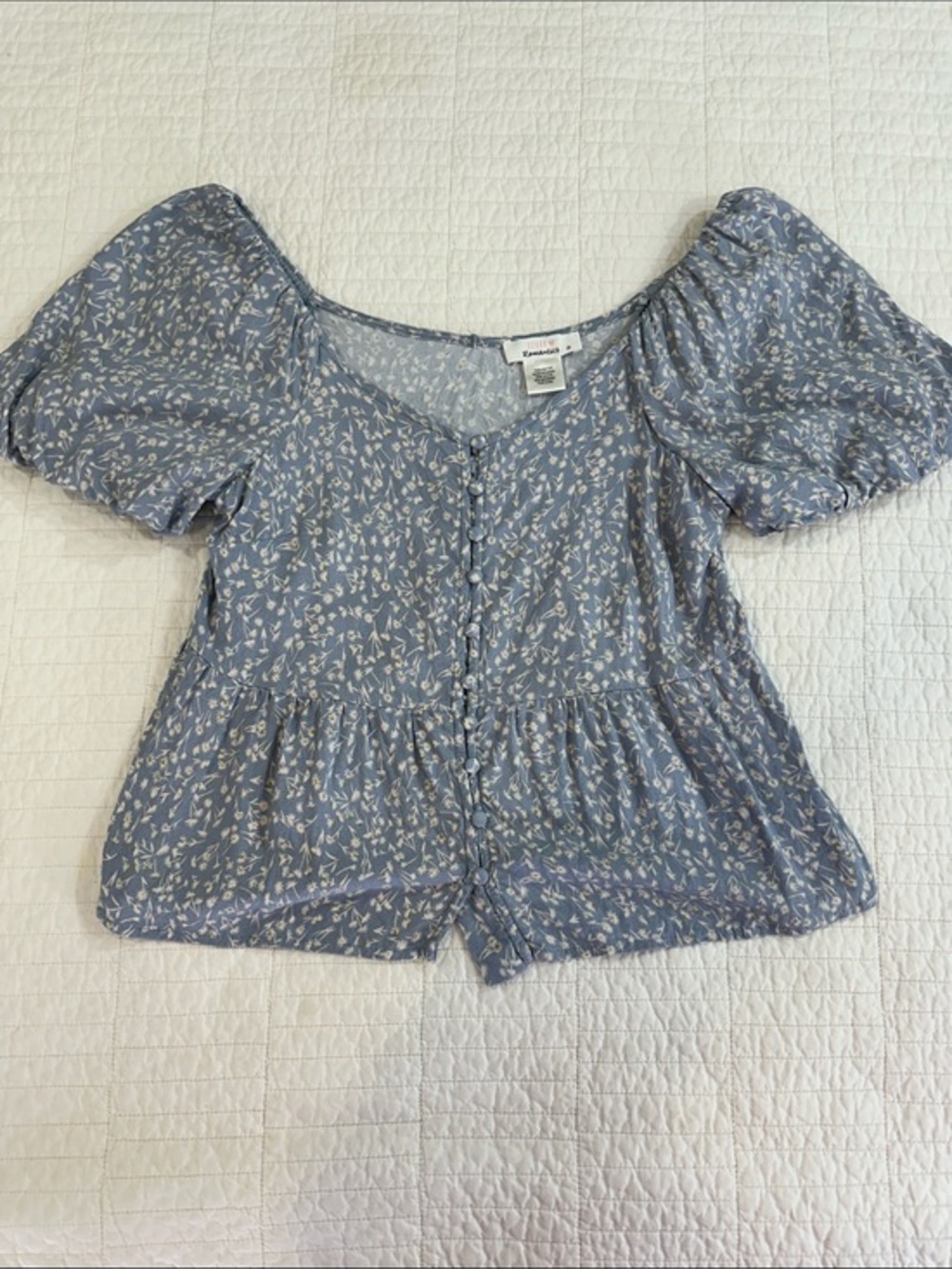 Urban Romantics Small Light Blue Floral Puff Sleeve Peplum Crop Cottage core